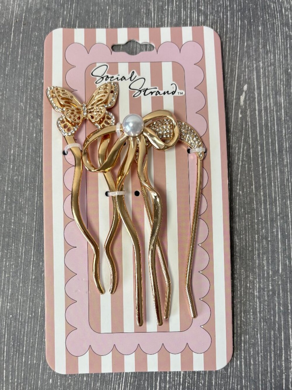 NWT - Social Strand - Set of 3 - Gold Hair Pins - Butterfly, Pearl Bow, Crescent